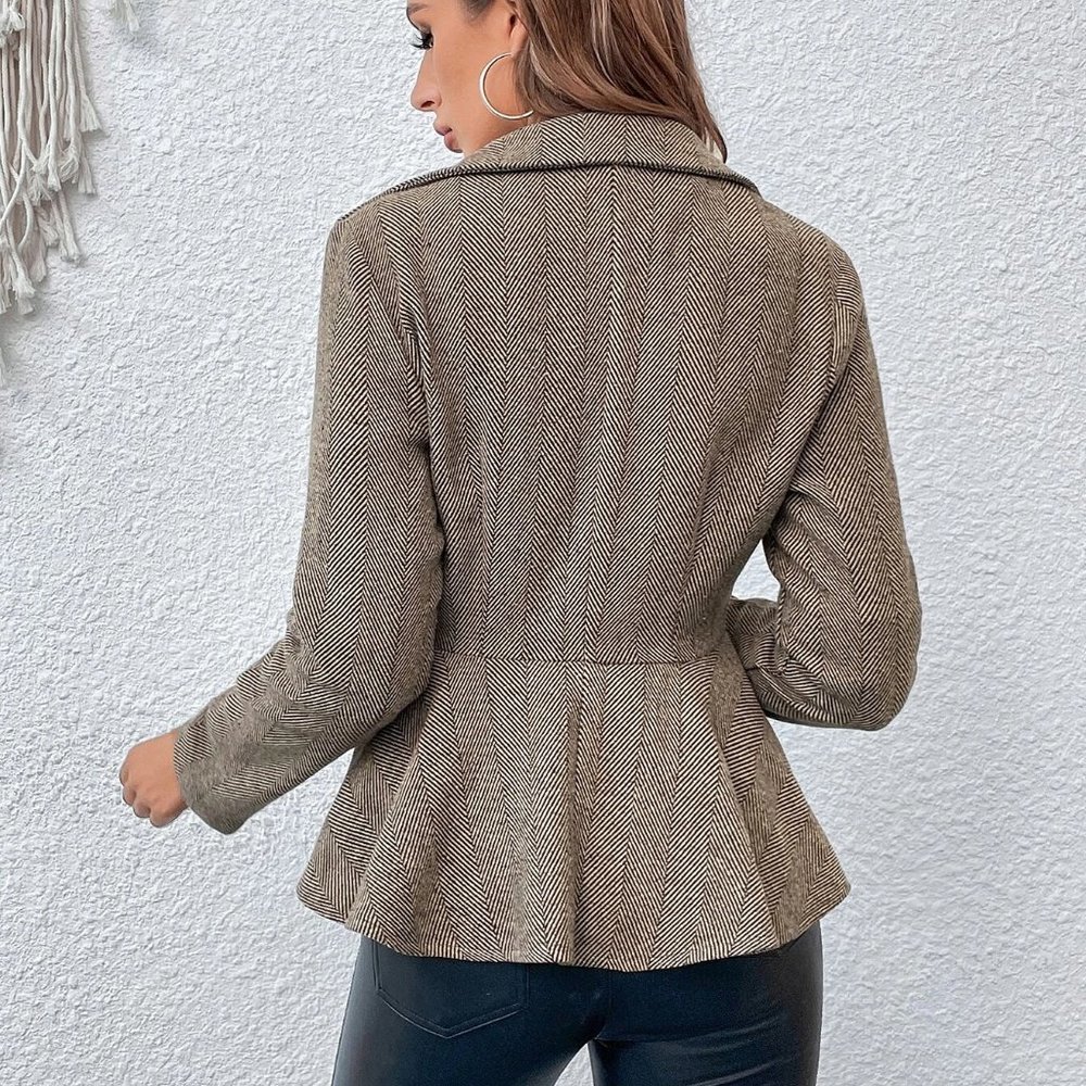 Brown Preppy Womens Herringbone Peplum Hem Coat - Picture 2 of 5